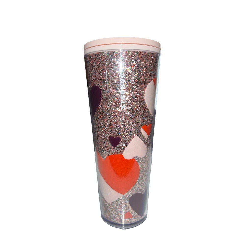 Starbucks 24oz Venti Cold Cup Tumbler Heart Valentine's 2021 Red Pink Glitter - Picture 1 of 7